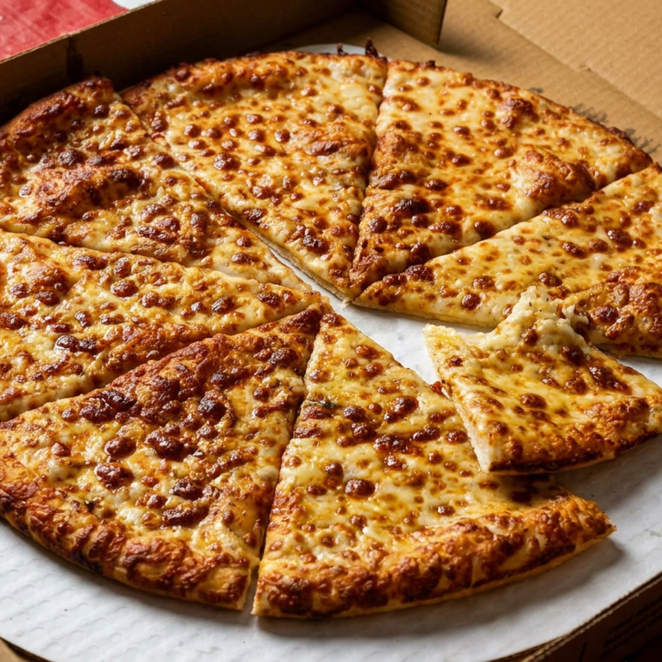 Golden-brown cheese pizza sliced into triangular pieces in an open cardboard delivery box.